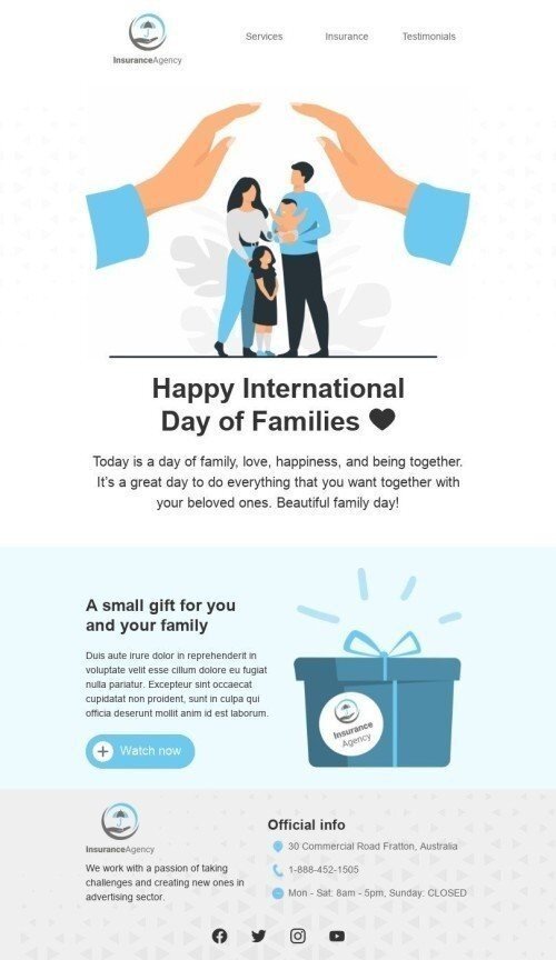 Modello Email Giornata Internazionale delle Famiglie «Bella giornata in famiglia» per il settore industriale di Assicurazione Visualizzazione mobile