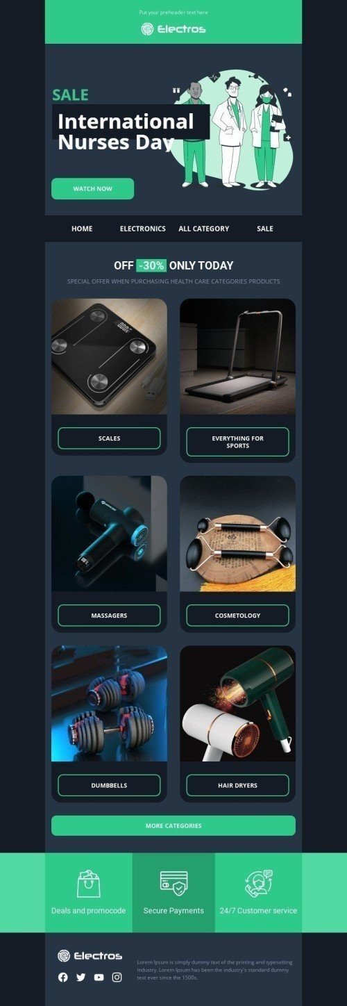 Modèle de courrier électronique Journée internationale des infirmières «Gizmos» pour le secteur Gadgets Affichage mobile