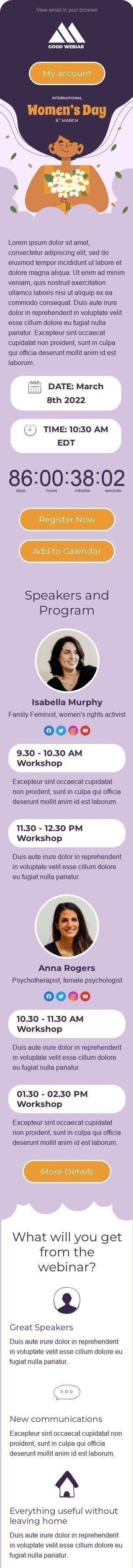 Modèle de courrier électronique Journée de la Femme «Webinaire pour les femmes» pour le secteur Webinars Affichage mobile