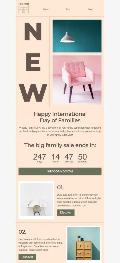 Internationaler Tag der Familie E-Mail-Vorlage «Neue Möbel» für Möbel, Innenausstattung & DIY-Branche Ansicht auf Mobilgeräten
