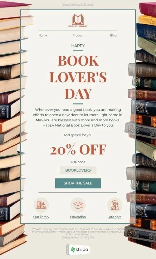 Book Lovers Day Email Template "Our library" for Books & Presents & Stationery industry