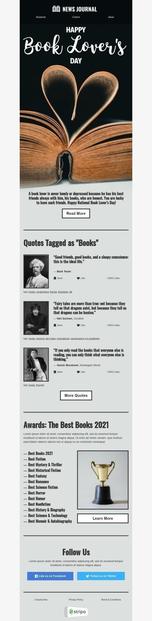 Шаблон листа до свята День любителів книг «Найкращі книги» для індустрії «Публікації та Блог» десктопний вигляд