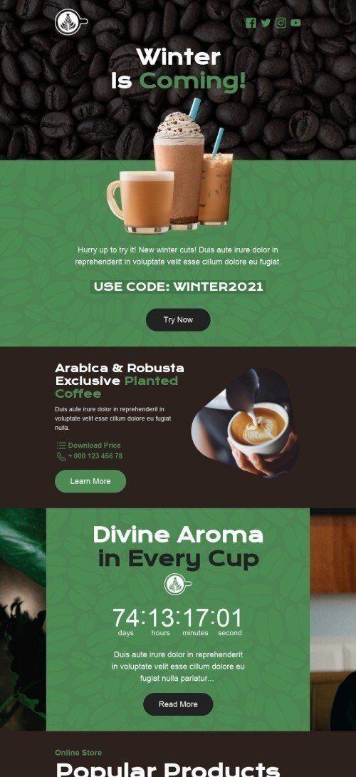 Winter E-Mail-Vorlage «Arabica & Robusta» für Getränke-Branche Ansicht auf Mobilgeräten