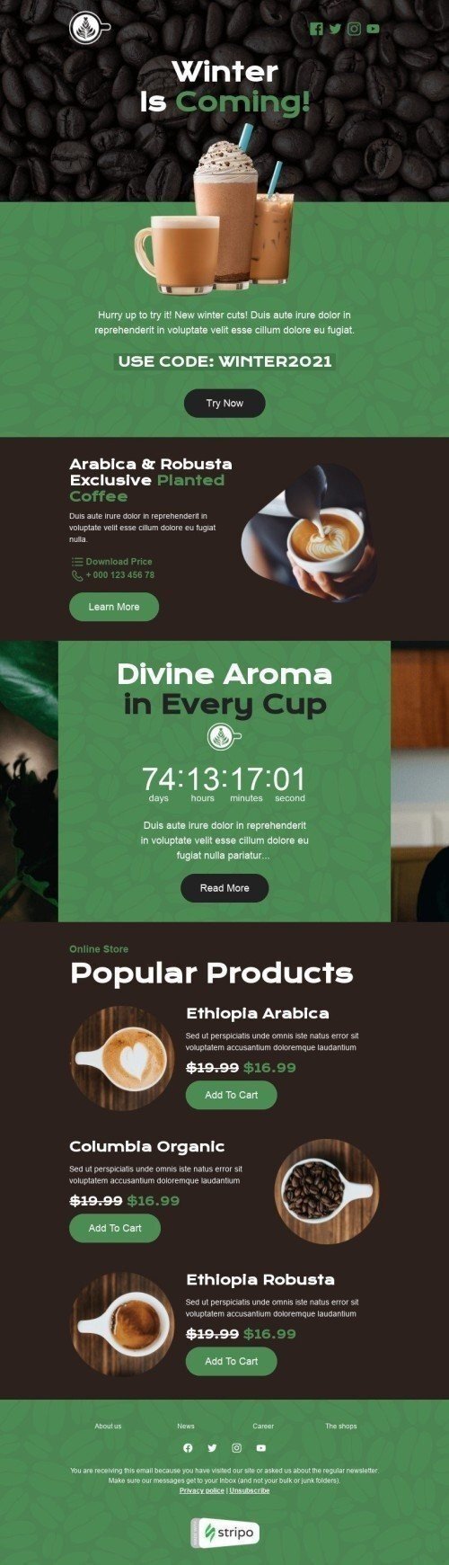 Шаблон листа до свята Зима «Арабіка та Робуста» для індустрії «Напої та Кава» мобільний вигляд
