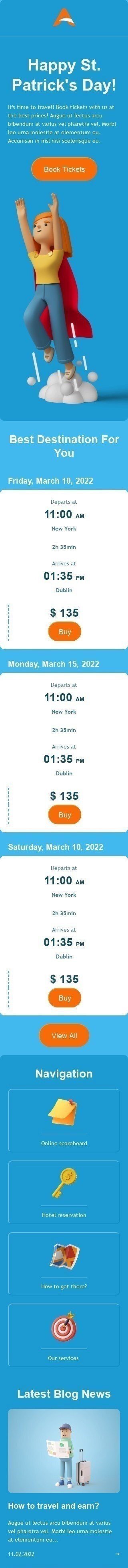 Шаблон листа до свята День Cв. Патрика «Квитки в Дублін» для індустрії «Авіалінії» мобільний вигляд