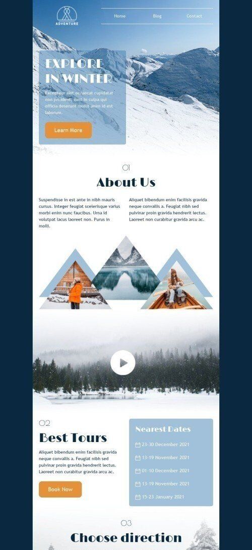 Modelo de E-mail de «Explorar no inverno» de Inverno para a indústria de Turismo Visualização de dispositivo móvel