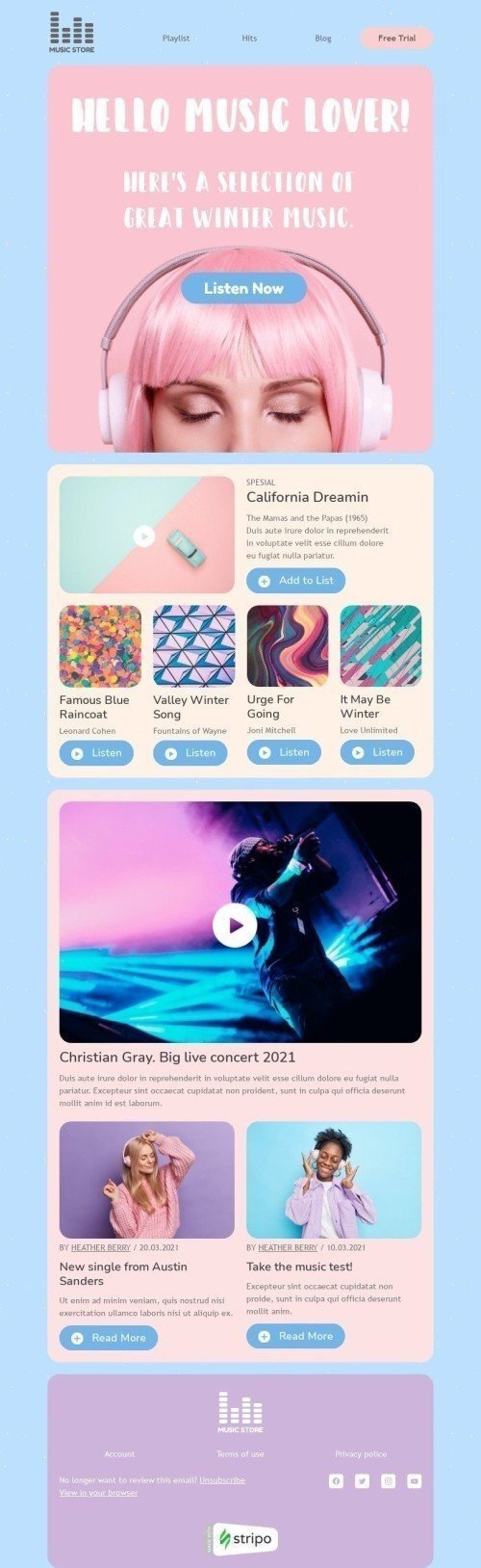 Winter Email Template "Great winter music" for Music industrydesktop view