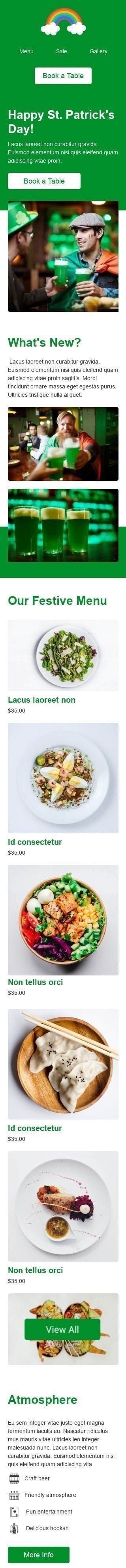 Plantilla de correo electrónico «Menú Festivo» de Día de San Patricio para la industria de Bebidas Vista de móvil