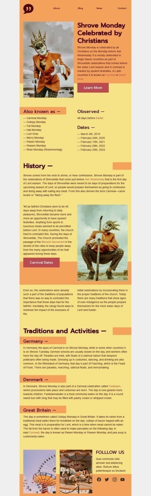 Шаблон листа до свята Масляний понеділок «Відзначають християни» для індустрії «Публікації та Блог» мобільний вигляд