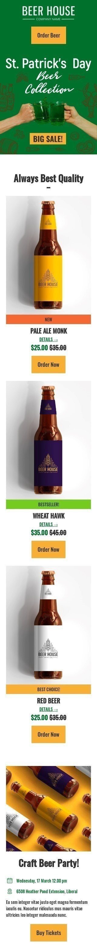 Plantilla de correo electrónico «Colección de cerveza» de Día de San Patricio para la industria de Bebidas Vista de móvil