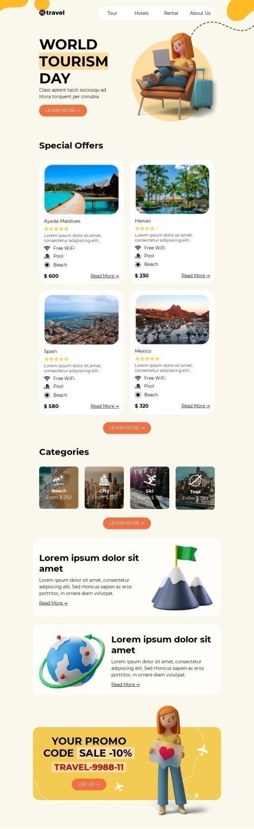 Modèle de courrier électronique Journée mondiale du tourisme «Plus haut que les nuages» pour le secteur Tourisme Affichage mobile