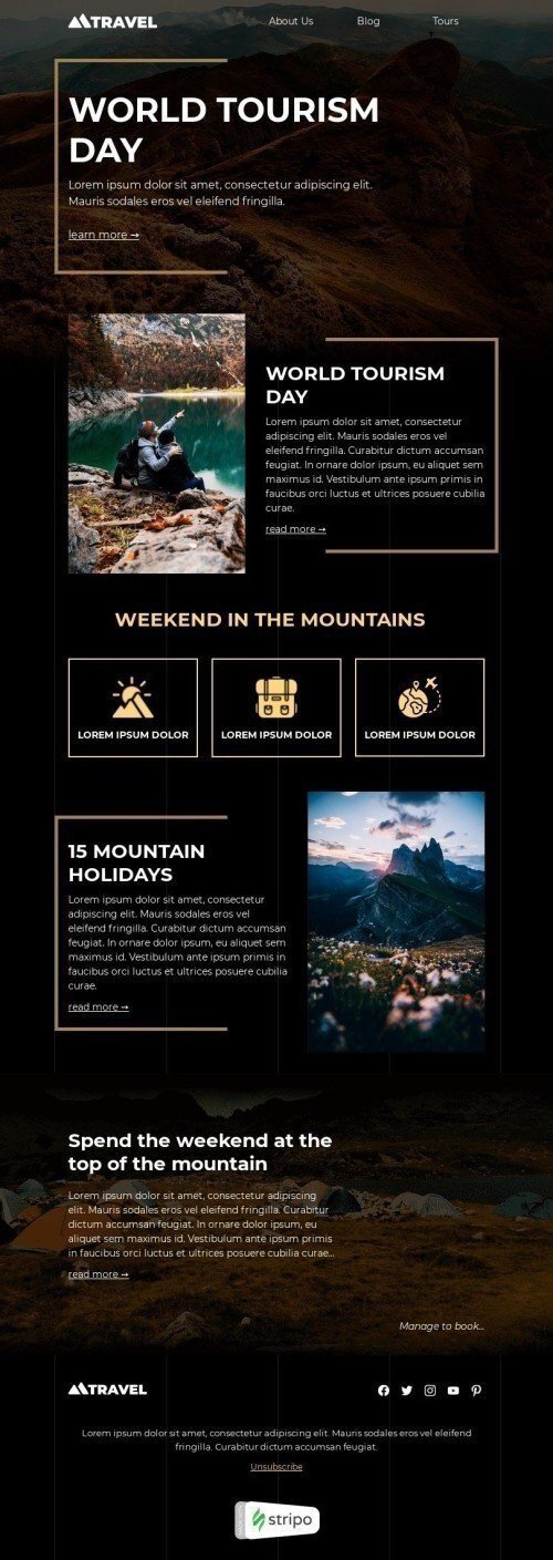 Modello Email Giornata mondiale del turismo «Strada per le montagne» per il settore industriale di Turismo Visualizzazione desktop