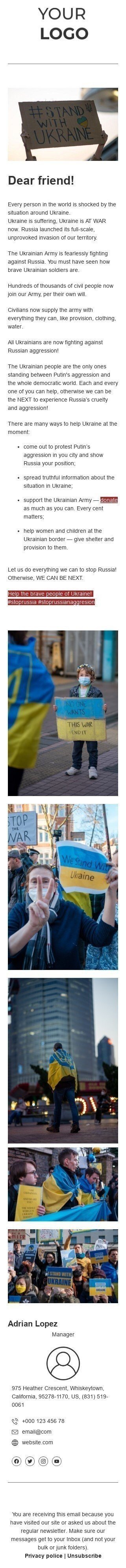 La plantilla de correo electrónico "Ayuda a Ucrania. No te quedes callado" Vista de móvil