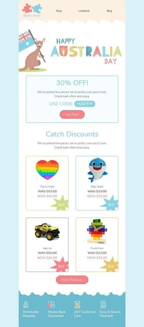 Modello Email Giorno dell'Australia «Canguro divertente» per il settore industriale di Moda Visualizzazione mobile