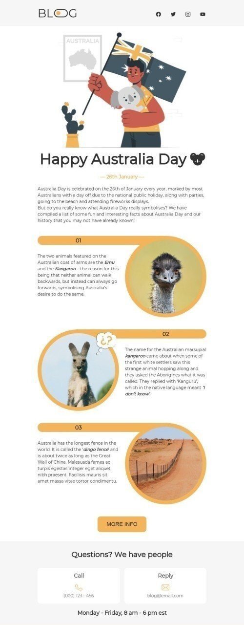 Modello Email Giorno dell'Australia «Giorno festivo nazionale» per il settore industriale di Editoria e blog Visualizzazione mobile