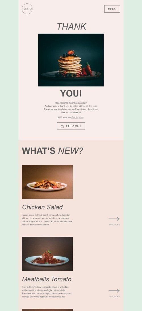 Small Business Samstag E-Mail-Vorlage «Worte der Dankbarkeit» für Restaurants-Branche Ansicht auf Mobilgeräten