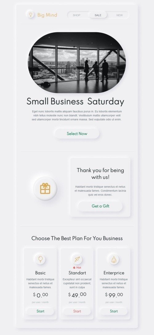 Small Business Samstag E-Mail-Vorlage «Neomorphismus» für Business-Branche Ansicht auf Mobilgeräten