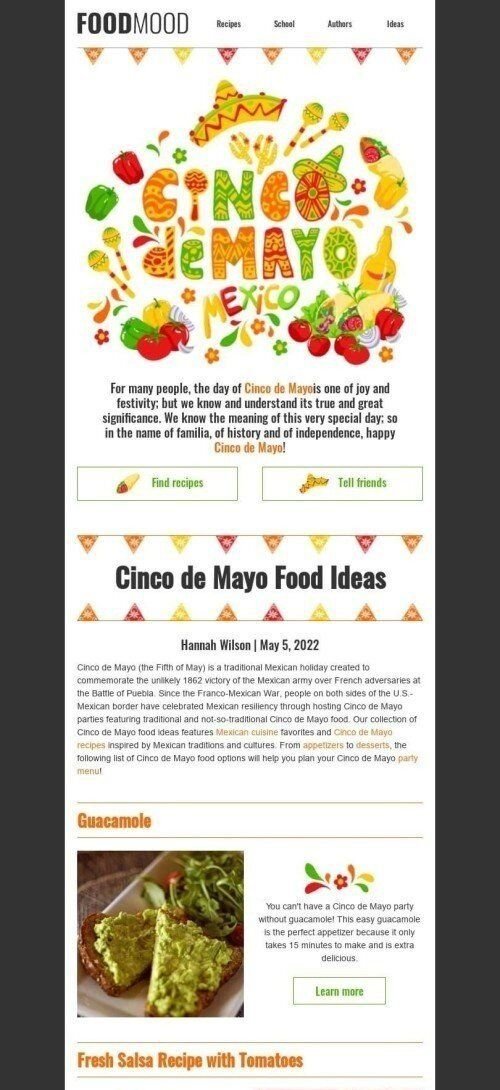 Modèle de courrier électronique Cinco de Mayo «Recette de salsa fraîche» pour le secteur Nourriture Affichage mobile