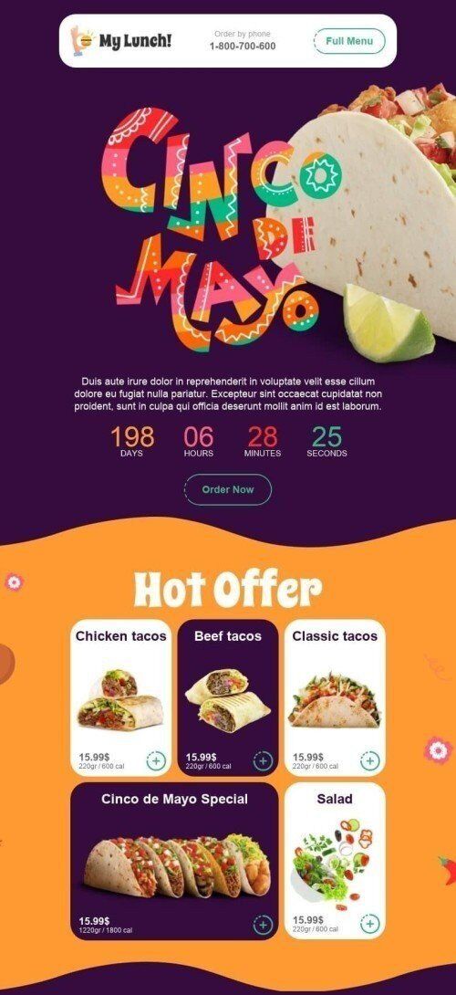 Modèle de courrier électronique Cinco de Mayo «Tacos classiques» pour le secteur Nourriture Affichage mobile