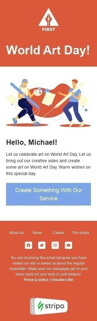 Weltkunsttag E-Mail-Vorlage «Schaffen Sie etwas Kunst» für Design-Branche Ansicht auf Mobilgeräten