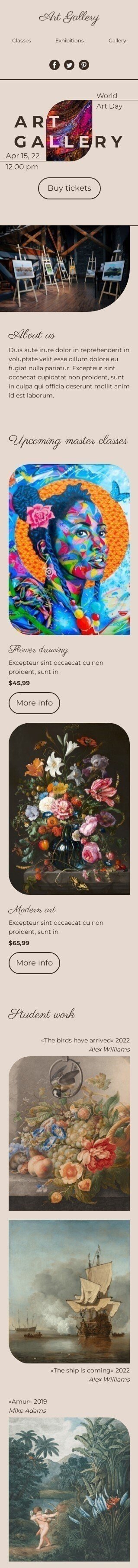 Modèle de courrier électronique Journée mondiale de l'art «Galerie d'art» pour le secteur Galerie d'art Affichage mobile