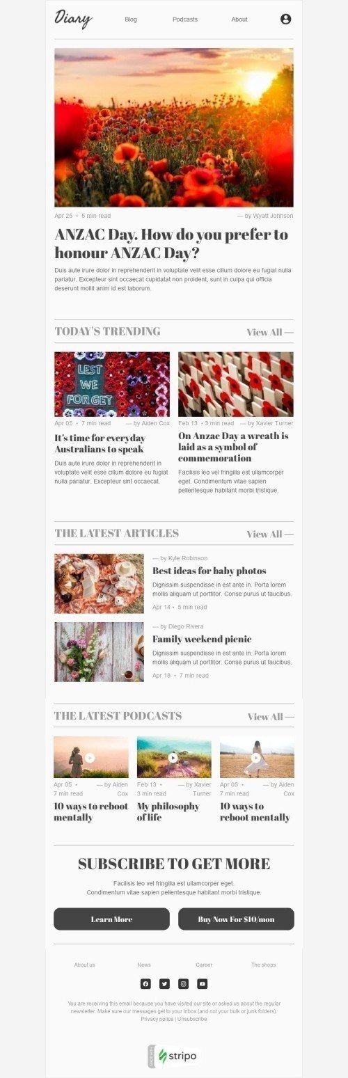 Шаблон письма к празднику День Анзак «Празднование Дня Анзака» для индустрии «Публикации и Блог» мобильный вид