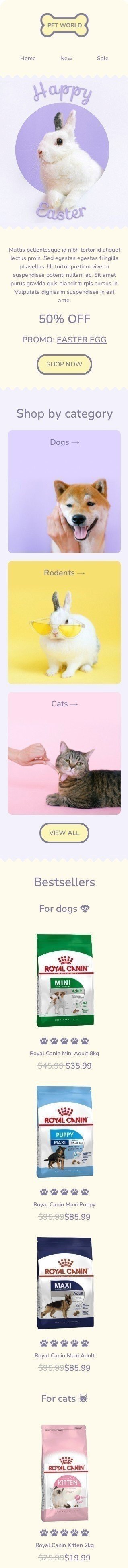 Modelo de E-mail de «Coelhinho da Páscoa» de Páscoa para a indústria de Animais de estimação Visualização de dispositivo móvel