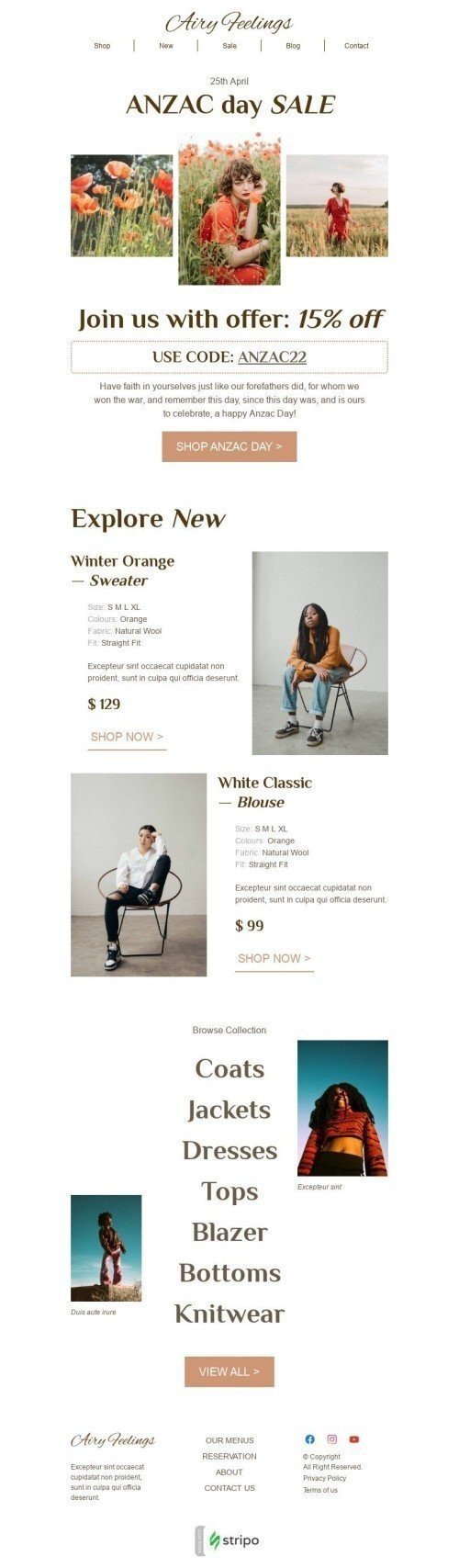 Anzac-Tag E-Mail-Vorlage «Anzac-Tagesverkauf» für Mode-Branche Ansicht auf Mobilgeräten