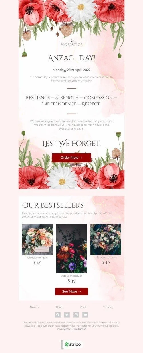 Anzac Day Email Template "Honour and remember the fallen" for Gifts & Flowers industry