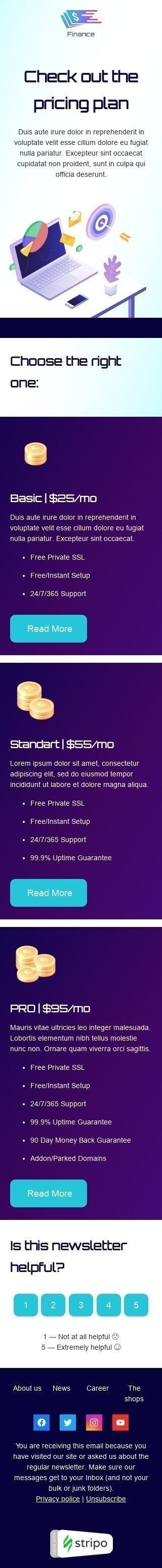 Modèle de courrier électronique Liste de prix «Liste de prix des finances» pour le secteur Finance Affichage mobile