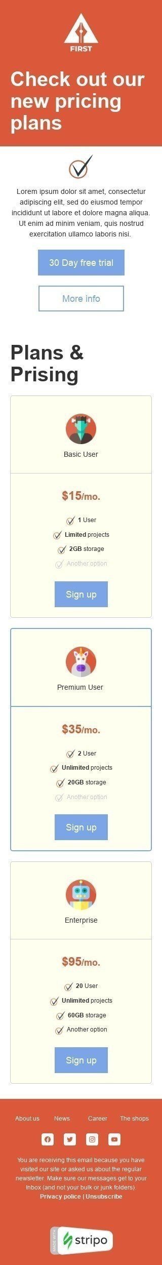 Modello Email Listino prezzi «Nuovi piani tariffari» per il settore industriale di Software e tecnologia Visualizzazione mobile