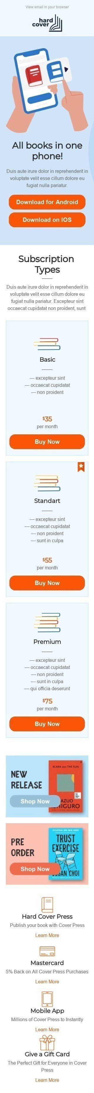 Шаблон письма «Типы подписки» тематики Прайс-лист для индустрии «Книги, Подарки, Канцтовары» мобильный вид