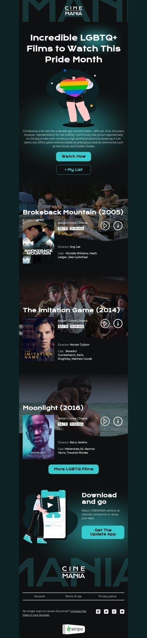 LGBTQ Pride Month Email Template "Incredible LGBTQ+ Films" for Movies industry mobile view