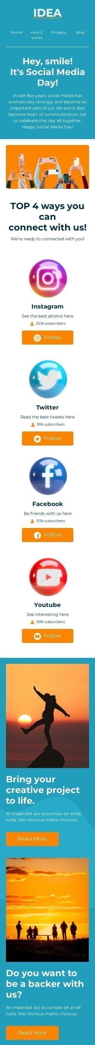 Modelo de E-mail de «4 principais maneiras de se conectar conosco» de Dia das Mídias Sociais para a indústria de Financiamento coletivo Visualização de dispositivo móvel