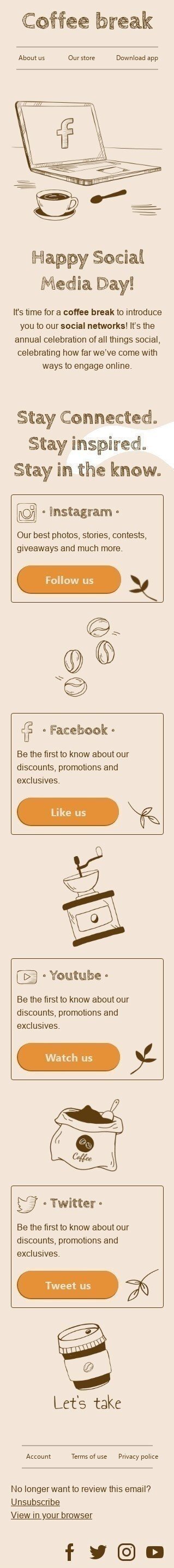 Plantilla de correo electrónico «Mantente conectado» de Día de las Redes Sociales para la industria de Bebidas Vista de móvil