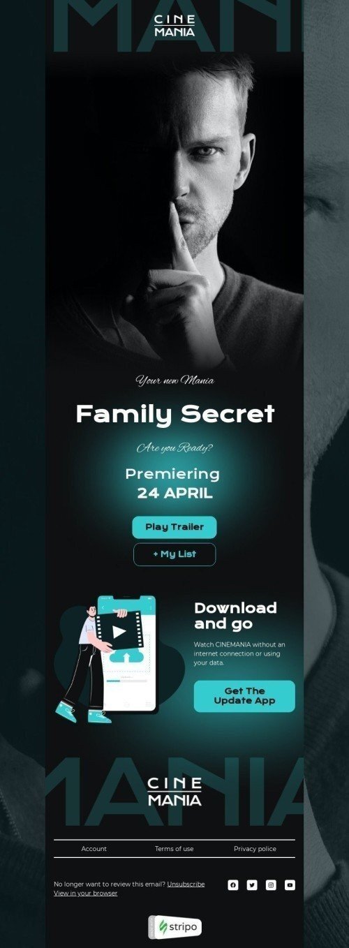 Teaser Email Template "Your ne​w Mania" for Movies industry mobile view