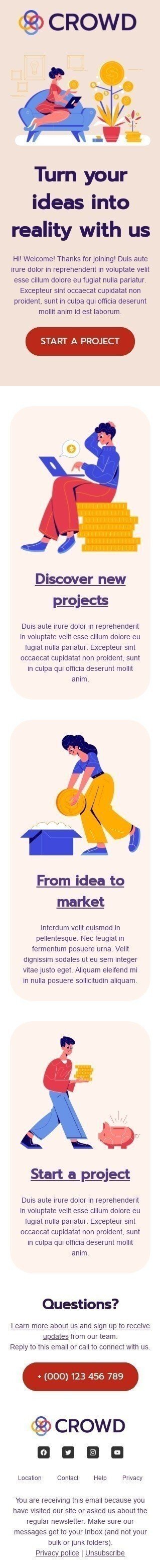 Промо шаблон письма «Воплотите свои идеи в жизнь» для индустрии «Краудфандинг» мобильный вид