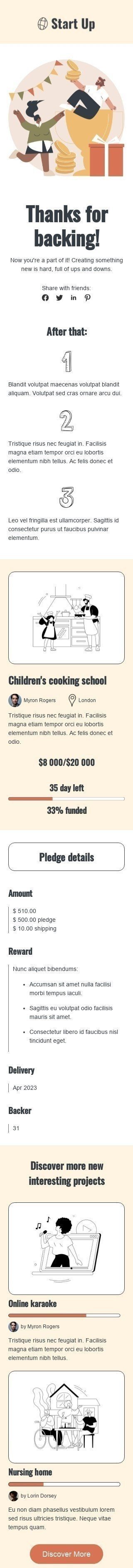 Plantilla de correo electrónico «Gracias por apoyar» de Promoción para la industria de Micromecenazgo Vista de móvil