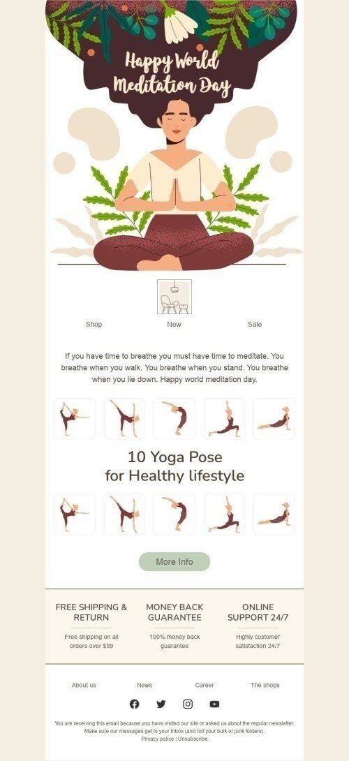 Welt-Meditationstag E-Mail-Vorlage «10 Yoga-Pose» für Möbel, Innenausstattung & DIY-Branche Ansicht auf Mobilgeräten