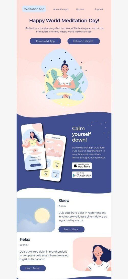 Modèle de courrier électronique Journée mondiale de la méditation «Calme-toi !» pour le secteur Logiciels & Technologie Affichage mobile