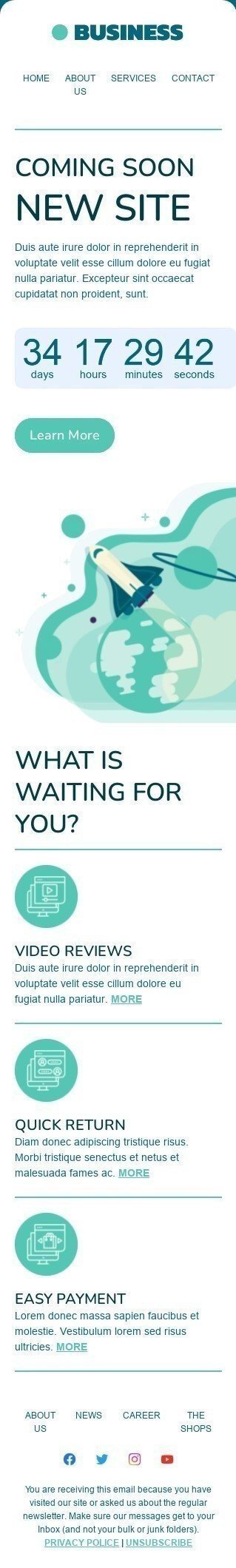 Demnächst E-Mail-Vorlage «Neue Seite» für Business-Branche Ansicht auf Mobilgeräten