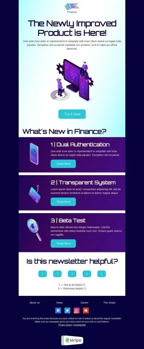 Product Update Email Template "Improved product is here" for Finance industry