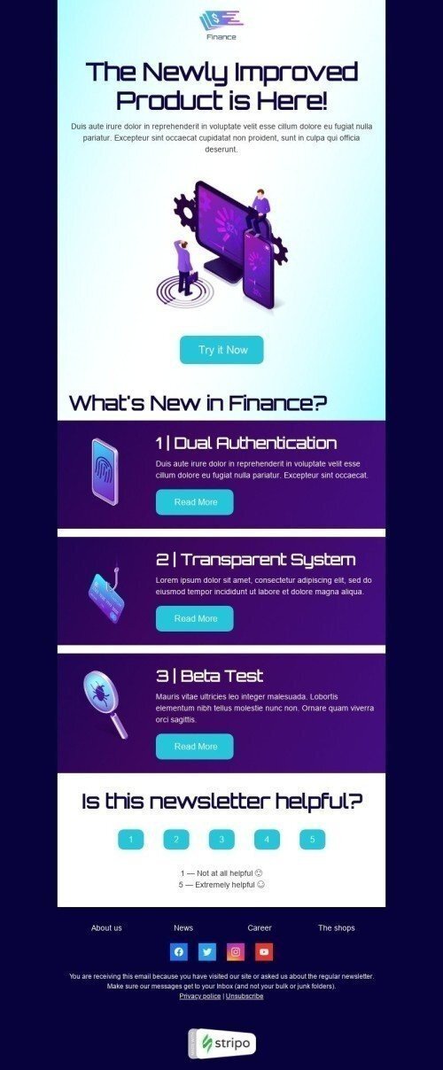 Шаблон листа «Покращений продукт тут» тематики Оновлення продукту для індустрії «Фінанси» мобільний вигляд