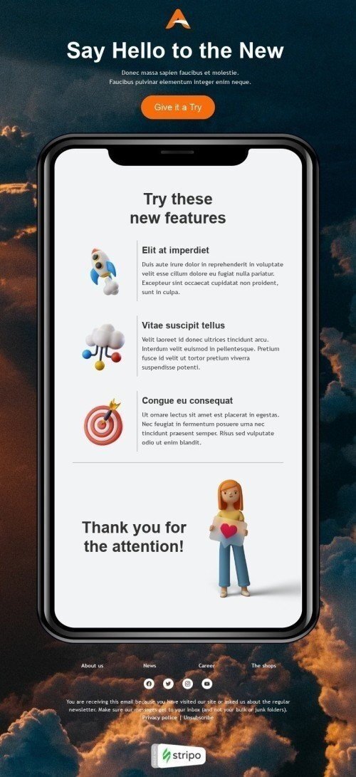 Шаблон письма «Поприветствуйте новые возможности» тематики Обновление продукта для индустрии «Туризм» дектопный вид