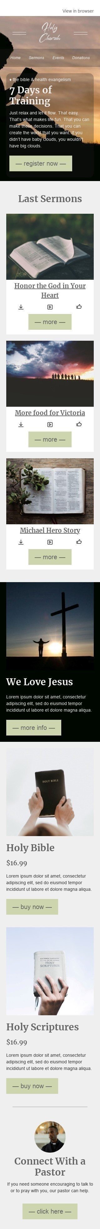 Werbung E-Mail-Vorlage «Letzte Predigten» für Kirche-Branche Ansicht auf Mobilgeräten