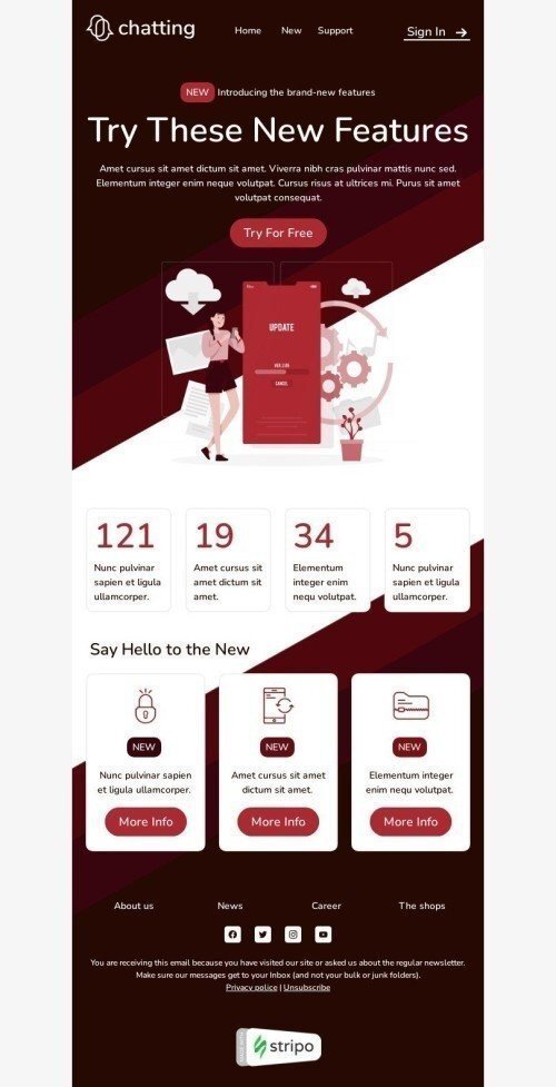 Шаблон листа «Представляємо абсолютно нові функції» тематики Оновлення продукту для індустрії «ПЗ та Технології» мобільний вигляд