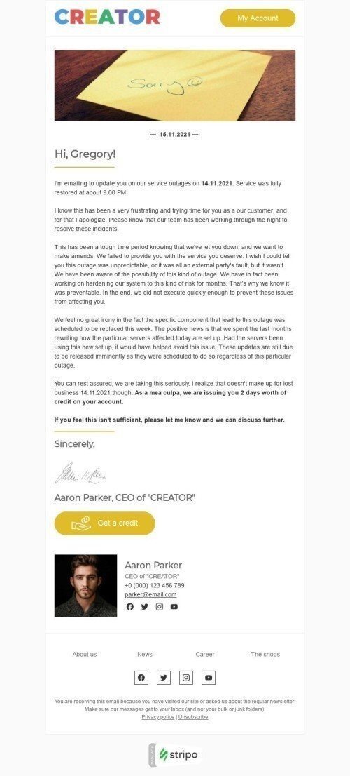 Apology Email Template "Sorry for the trouble" for Design industrydesktop view