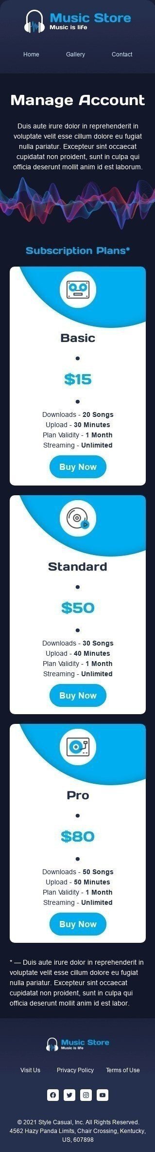 Шаблон письма «Управление учетной записью» тематики Прайс-лист для индустрии «Музыка» мобильный вид
