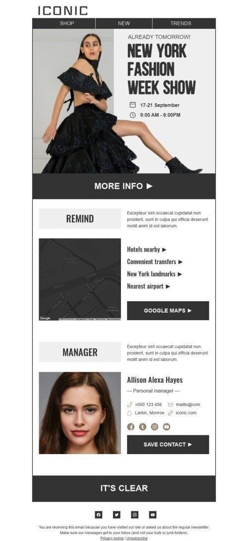 Plantilla de correo electrónico «Último recordatorio» de Semana de la Moda para la industria de Moda Vista de móvil