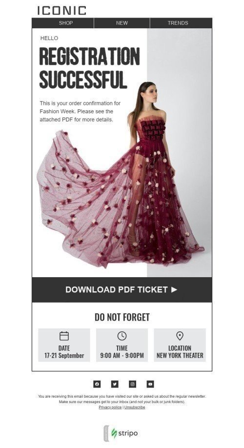 Fashion week Email Template "Reminder and tickets" for Fashion industry mobile view